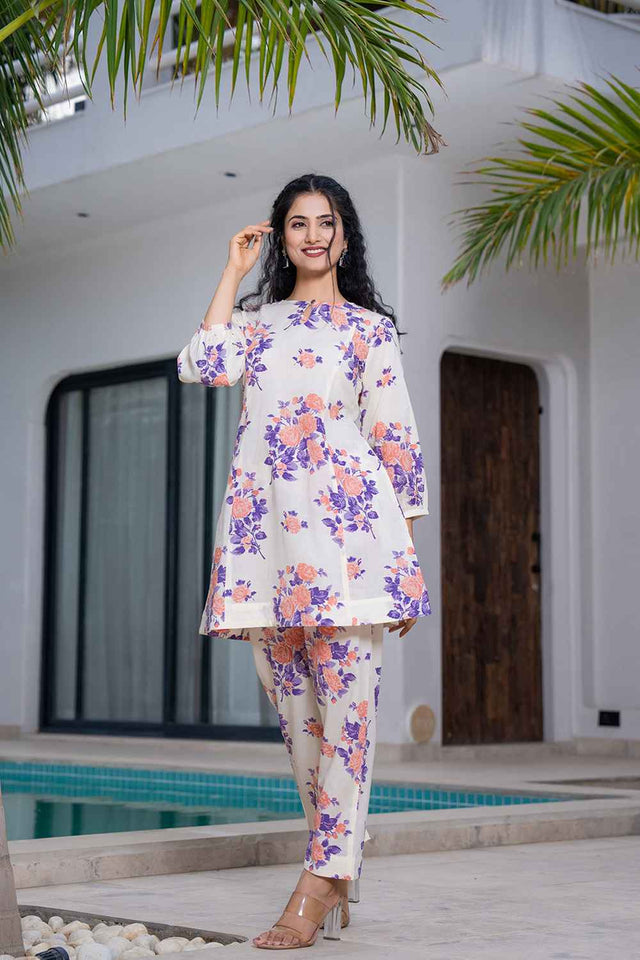 Orange Floral Print Cotton Co-Ord Set