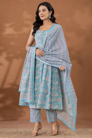 Blue Floral Print Cotton Kurti Pant Set