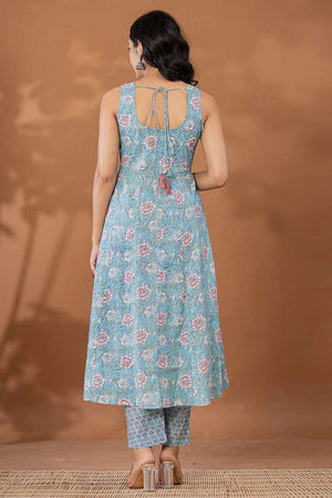 Blue Floral Print Cotton Kurti Pant Set