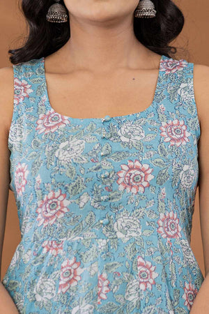 Blue Floral Print Cotton Kurti Pant Set
