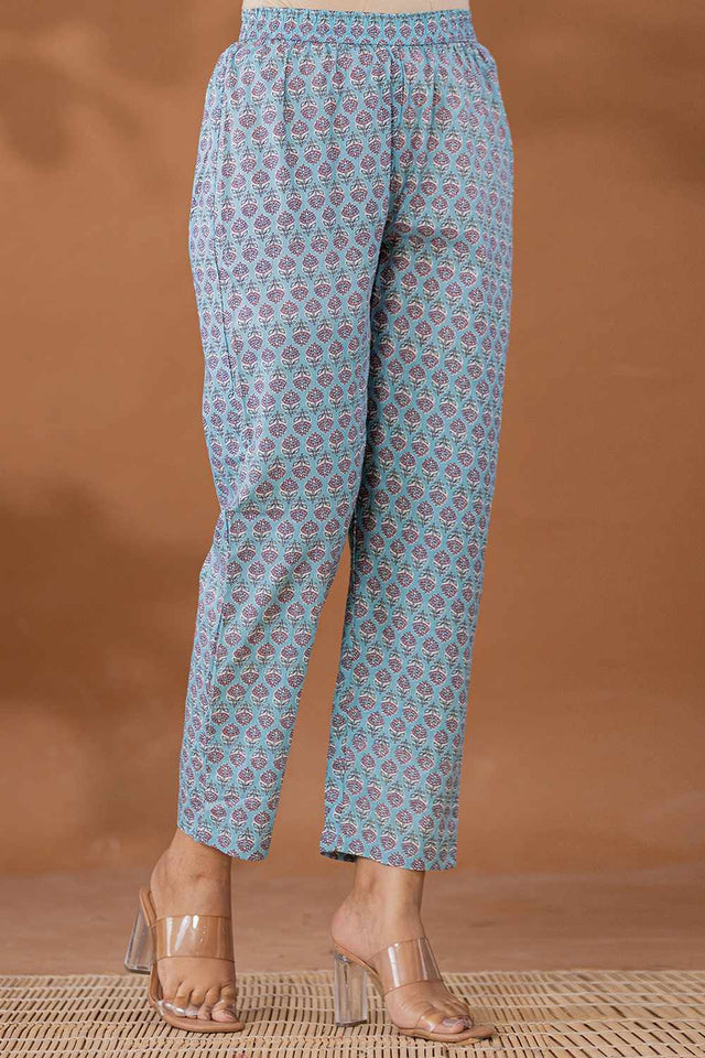 Blue Floral Print Cotton Kurti Pant Set