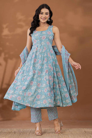 Blue Floral Print Cotton Kurti Pant Set