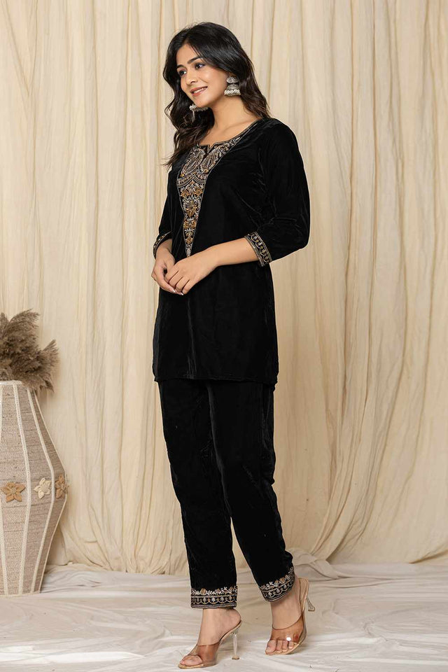 Black Embroidered Velvet Co-Ord Set (7158CRDBK)