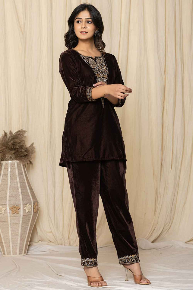 Brown Sequins Velvet Co-Ord Set (7158CRDBR)