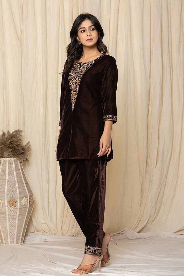 Brown Sequins Velvet Co-Ord Set (7158CRDBR)