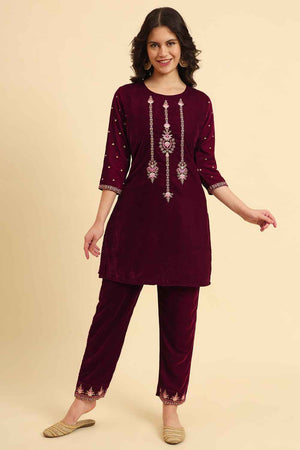 Magenta Zari Work Velvet Co-Ord Set (7160CRDMG)