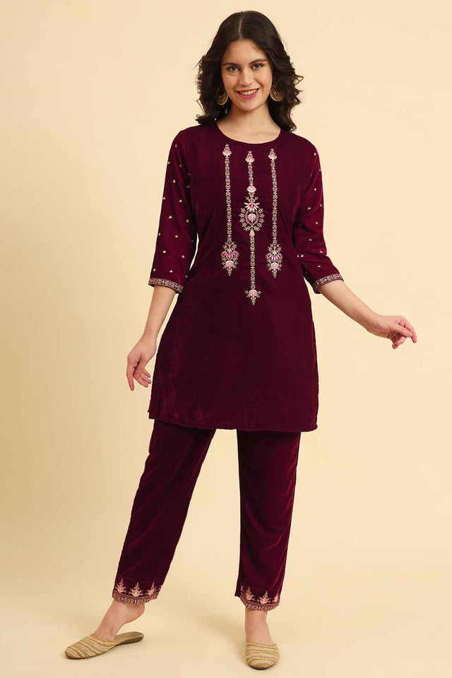 Magenta Zari Work Velvet Co-Ord Set (7160CRDMG)