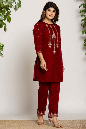 Red Embroidered Work Velvet Co-Ord Set (7160CRDMR)