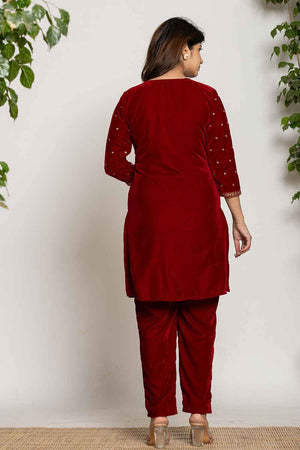 Red Embroidered Work Velvet Co-Ord Set (7160CRDMR)