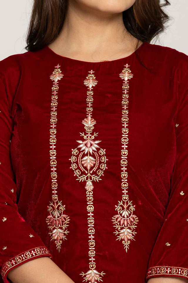 Red Embroidered Work Velvet Co-Ord Set (7160CRDMR)
