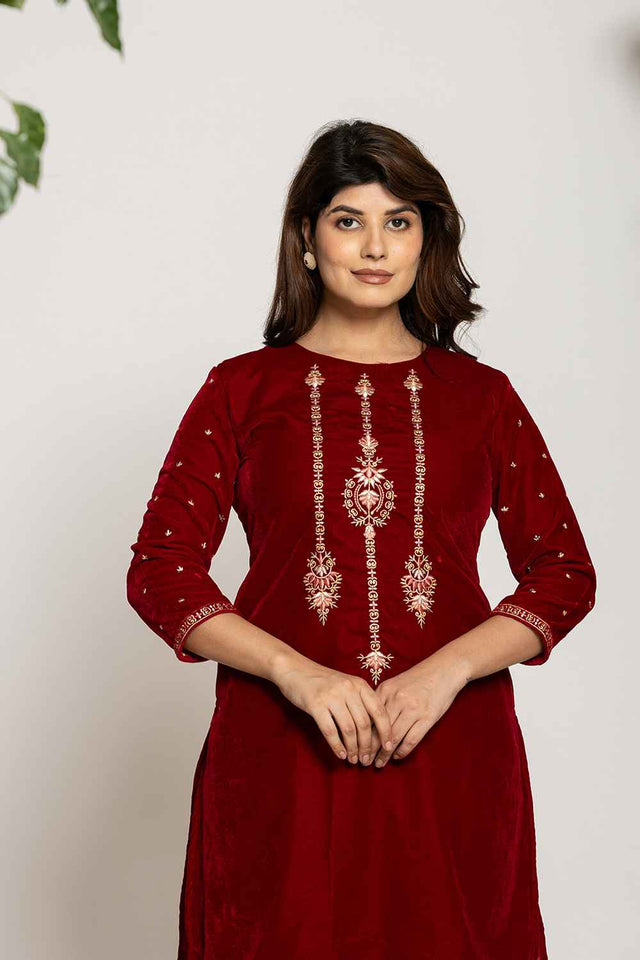 Red Embroidered Work Velvet Co-Ord Set (7160CRDMR)