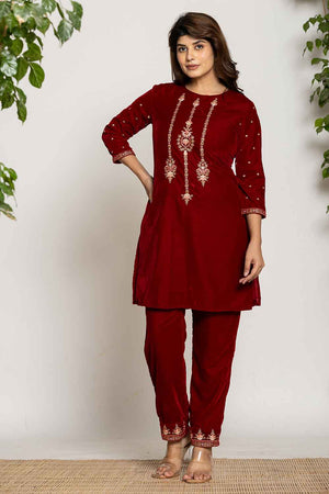 Red Embroidered Work Velvet Co-Ord Set (7160CRDMR)