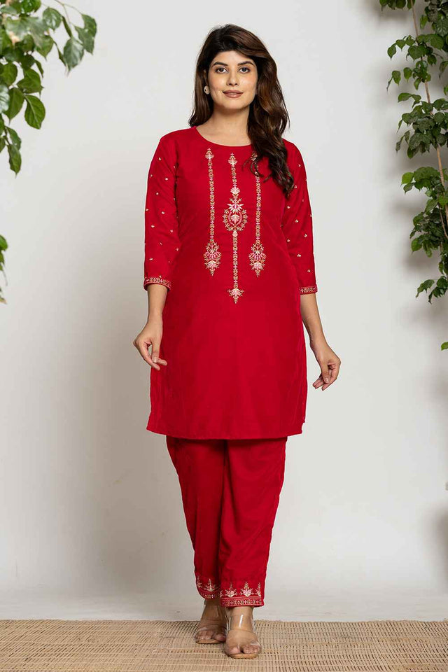 Pink Embroidered Work Velvet Co-Ord Set (7160CRDPK)