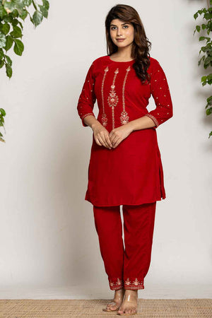 Red Embroidered Work Velvet Co-Ord Set (7160CRDRD)