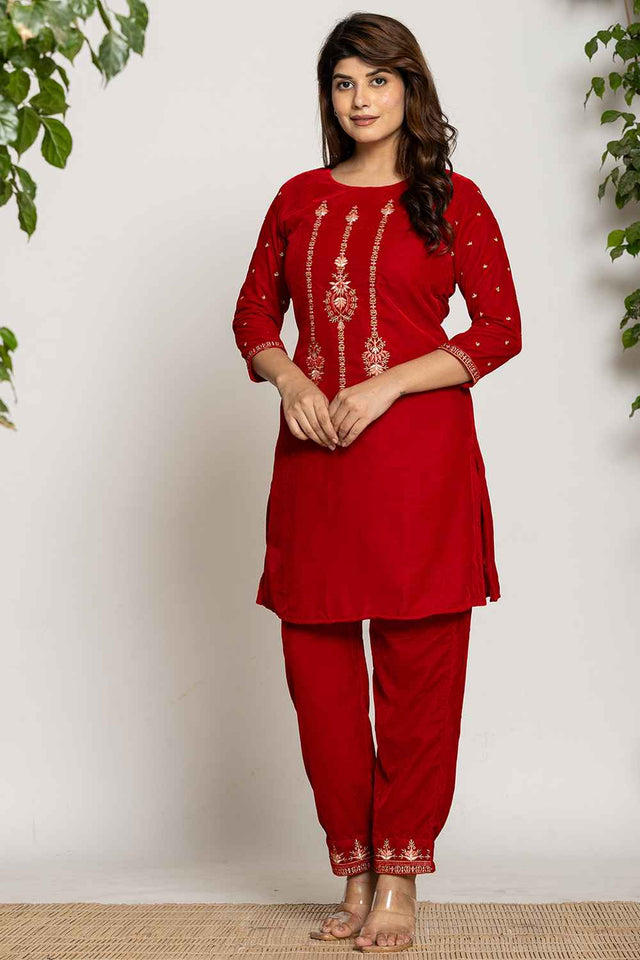 Red Embroidered Work Velvet Co-Ord Set (7160CRDRD)