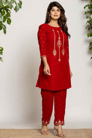 Red Embroidered Work Velvet Co-Ord Set (7160CRDRD)
