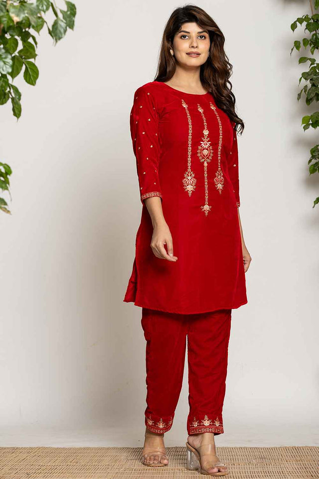 Red Embroidered Work Velvet Co-Ord Set (7160CRDRD)