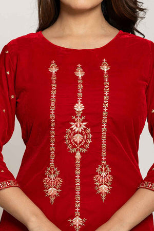 Red Embroidered Work Velvet Co-Ord Set (7160CRDRD)