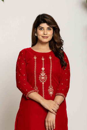 Red Embroidered Work Velvet Co-Ord Set (7160CRDRD)