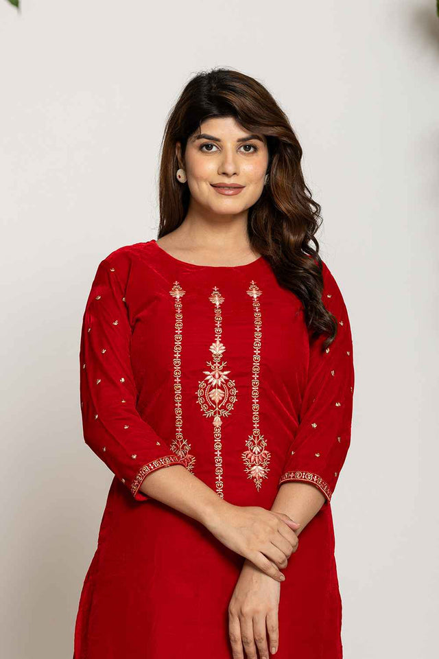 Red Embroidered Work Velvet Co-Ord Set (7160CRDRD)