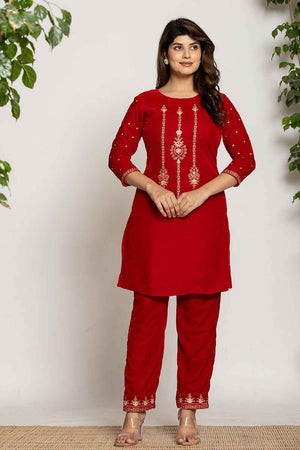 Red Embroidered Work Velvet Co-Ord Set (7160CRDRD)