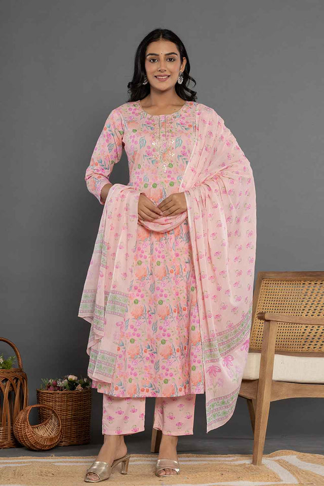 Orange Floral Print Patch Work Pure Cotton Kurti Pant Set