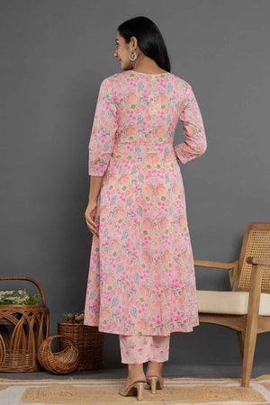 Orange Floral Print Patch Work Pure Cotton Kurti Pant Set