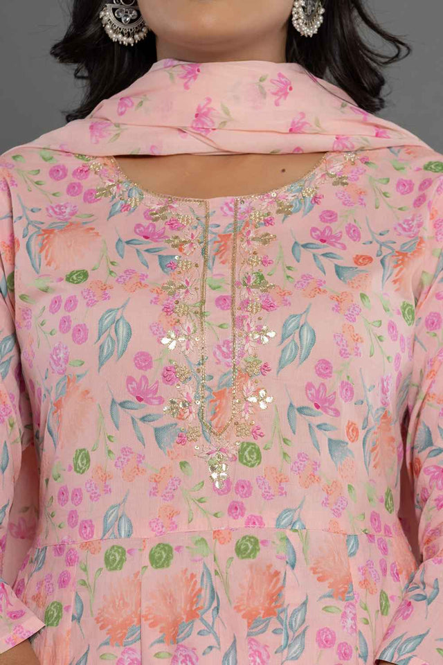 Orange Floral Print Patch Work Pure Cotton Kurti Pant Set