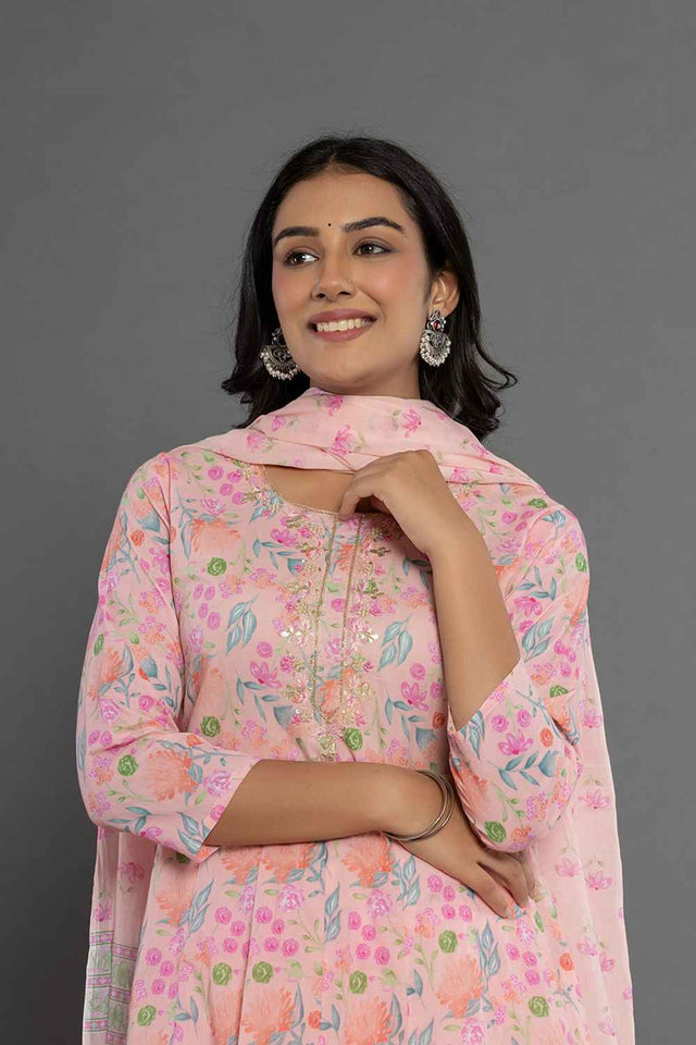 Orange Floral Print Patch Work Pure Cotton Kurti Pant Set