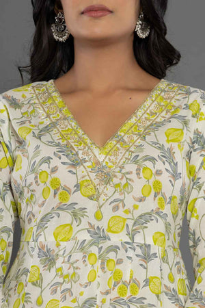 Green Ethnic Motifs Beads and Stones Embossed Pure Cotton Kurti Pant Set