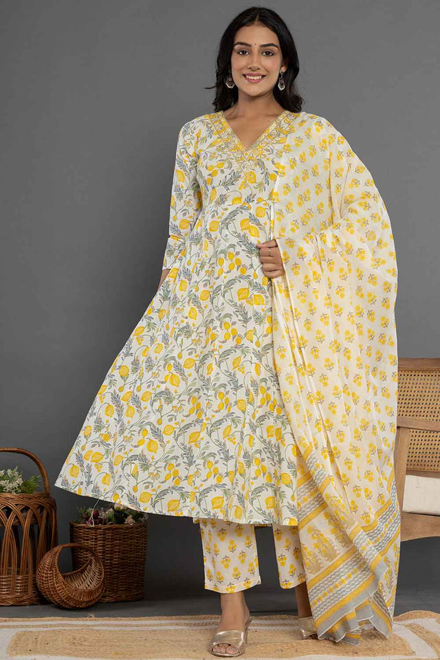 Yellow Ethnic Motifs Beads and Stones Embossed Pure Cotton Kurti Pant Set