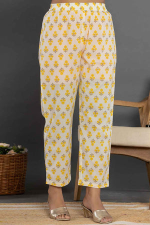 Yellow Ethnic Motifs Beads and Stones Embossed Pure Cotton Kurti Pant Set