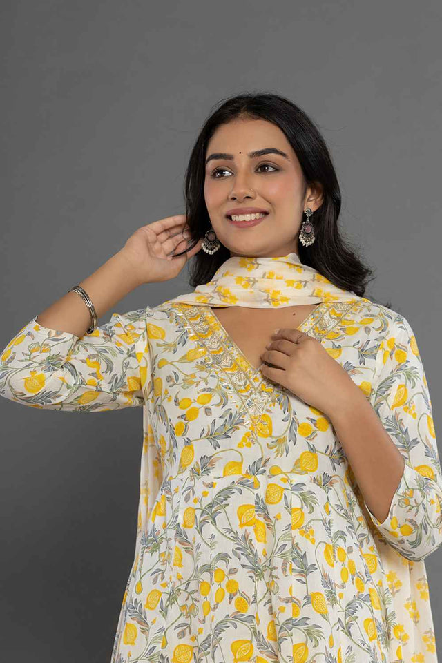 Yellow Ethnic Motifs Beads and Stones Embossed Pure Cotton Kurti Pant Set