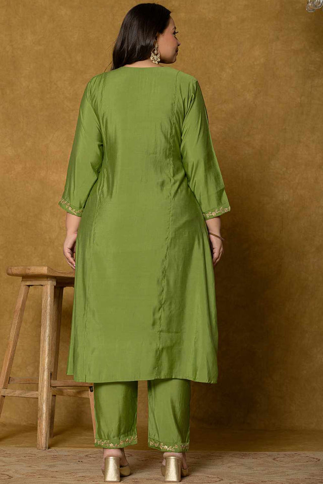 Green Solid Silk Blend Kurti Pant Set