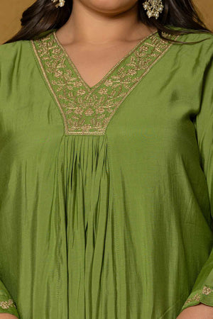 Green Solid Silk Blend Kurti Pant Set