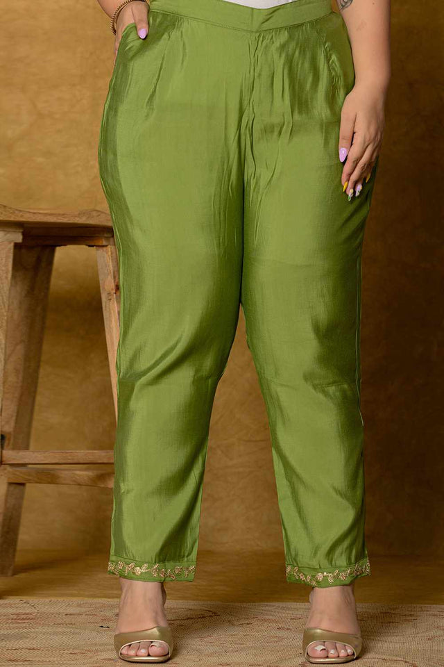 Green Solid Silk Blend Kurti Pant Set