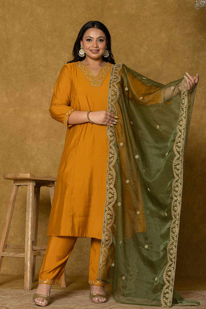 Mustard Solid Silk Blend Kurti Pant Set