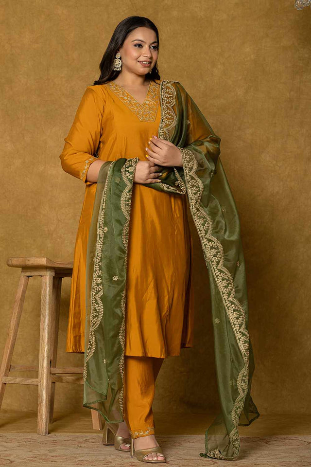 Mustard Solid Silk Blend Kurti Pant Set