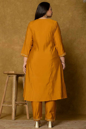 Mustard Solid Silk Blend Kurti Pant Set