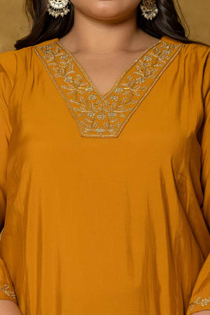 Mustard Solid Silk Blend Kurti Pant Set