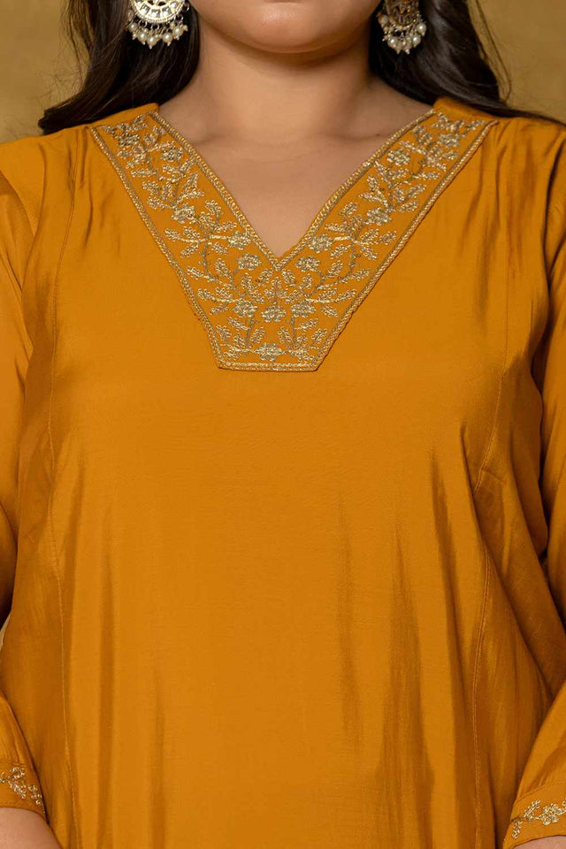 Mustard Solid Silk Blend Kurti Pant Set