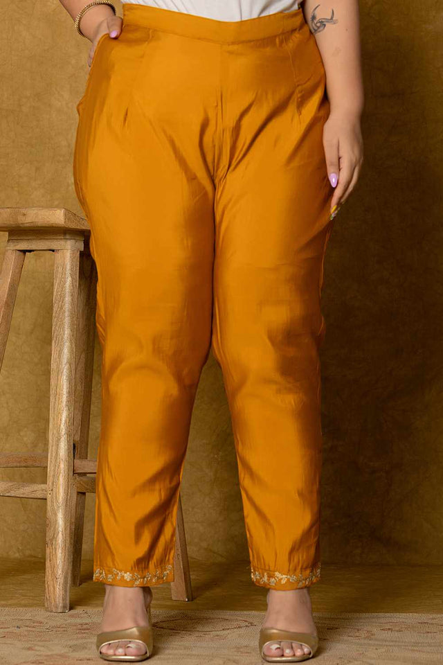 Mustard Solid Silk Blend Kurti Pant Set