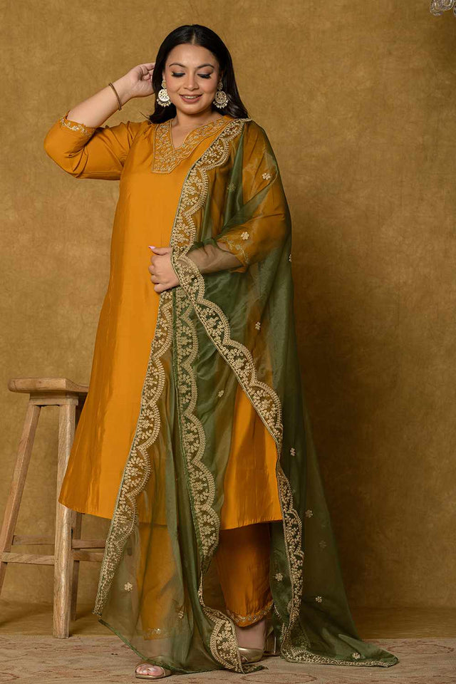 Mustard Solid Silk Blend Kurti Pant Set