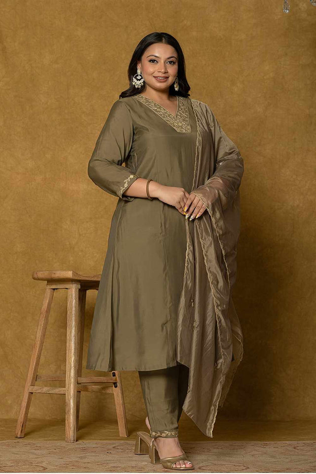 Olive-Green Solid Silk Blend Kurti Pant Set
