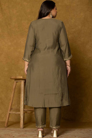 Olive-Green Solid Silk Blend Kurti Pant Set