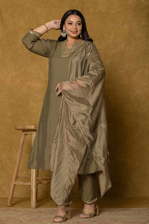 Olive-Green Solid Silk Blend Kurti Pant Set
