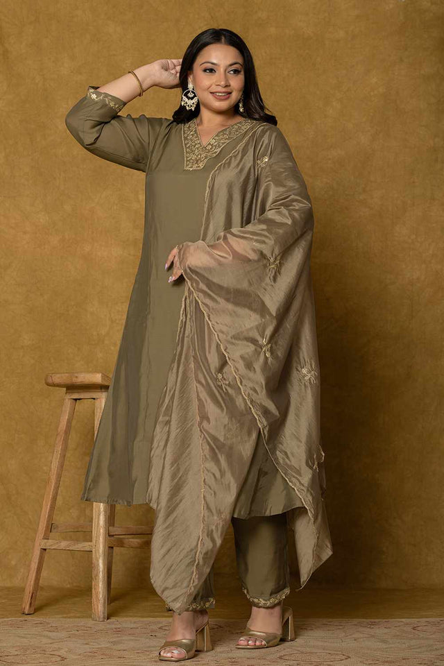 Olive-Green Solid Silk Blend Kurti Pant Set