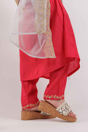 Magenta Embroidered Silk Kurti Pant Set