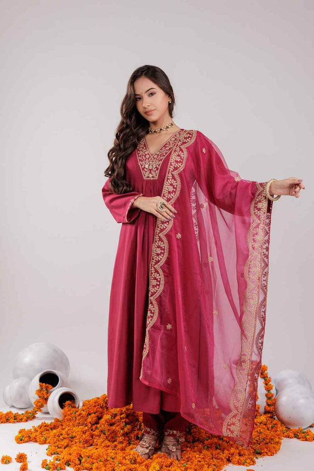 Pink Embroidered Silk Kurti Pant Set