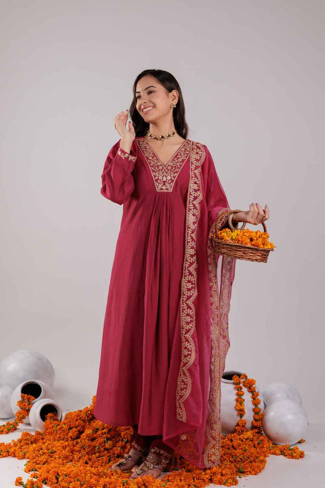 Pink Embroidered Silk Kurti Pant Set